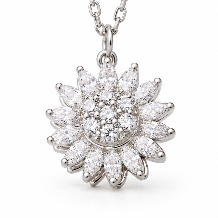 Collier anti-stress rotatif argenté, pendentif fleur en cristaux taille marquise qui tourne