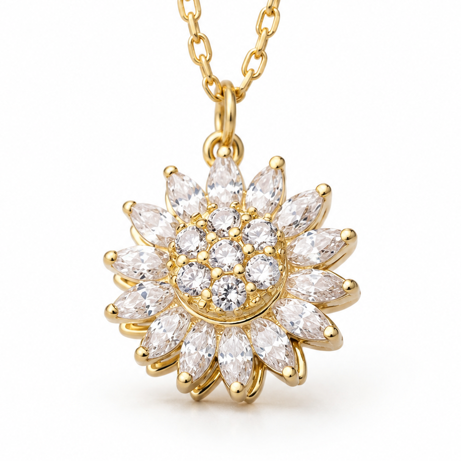 Collier anti-stress rotatif doré, pendentif fleur en cristaux taille marquise qui tourne