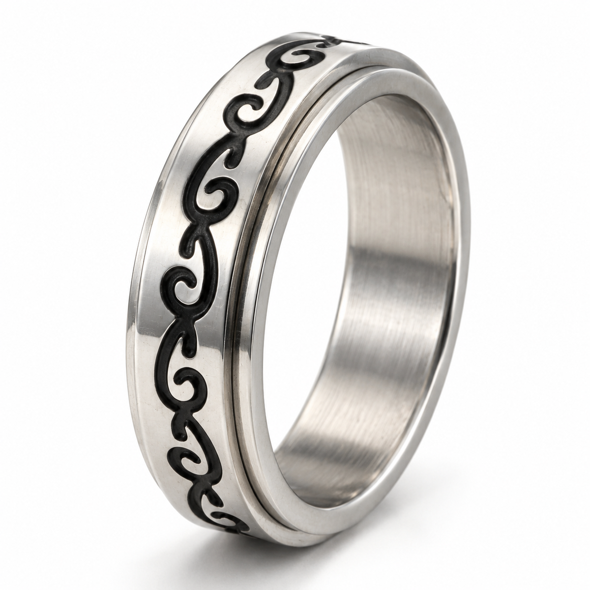 Bague anti-stress anneau tournant Allié, anneau tournant gravé d’une frise d’arabesques noires