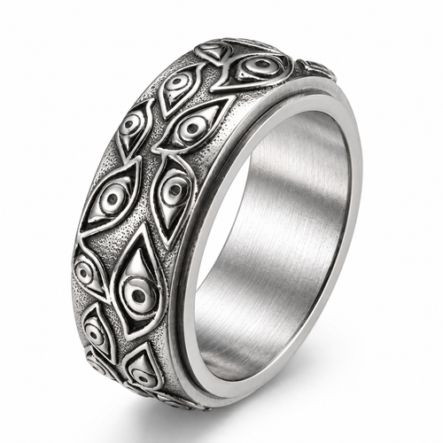 Bague anti-stress anneau tournant Argus, anneau tournant ciselé d’yeux en relief, finition vieillie