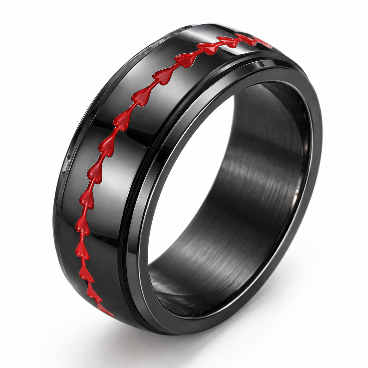 Bague anti-stress anneau tournant Baseball, anneau tournant noir orné d’une couture rouge de balle de baseball