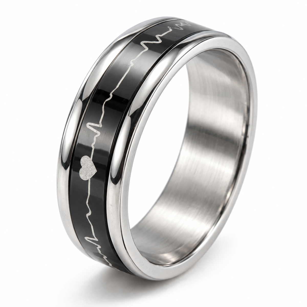 Bague anti-stress anneau tournant Battement Cœur, anneau tournant noir orné d’une ligne de battement de cœur
