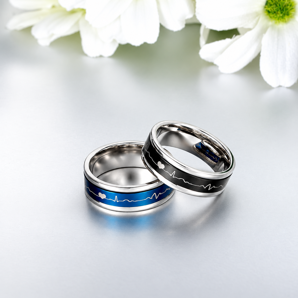 Bague anti-stress anneau tournant Battement Cœur, anneau tournant noir orné d’une ligne de battement de cœur