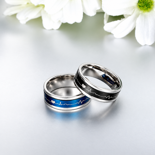 Bague anti-stress anneau tournant Battement Cœur, anneau tournant noir orné d’une ligne de battement de cœur