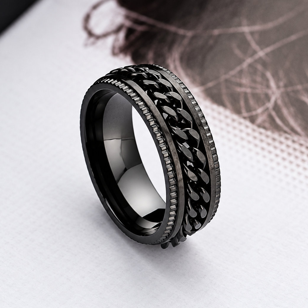 Bague anti-stress anneau tournant Blackchaîne, chaîne gourmette tournante sur bague noire aux bords crantés