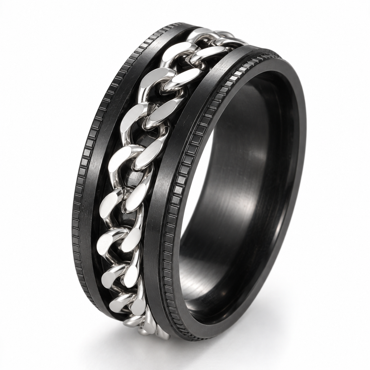Bague anti-stress anneau tournant Blackchaîne, chaîne gourmette tournante sur bague noire aux bords crantés