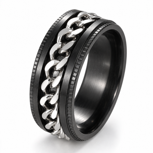 Bague anti-stress anneau tournant Blackchaîne, chaîne gourmette tournante sur bague noire aux bords crantés