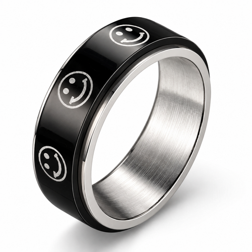 Bague anti-stress anneau tournant BlackSmile, anneau tournant noir orné de smileys argentés