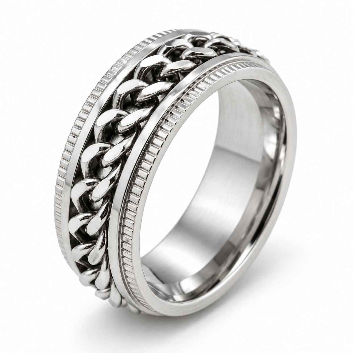 Bague anti-stress anneau tournant Chaîne argentée, anneau tournant en maille gourmette entre deux bords crantés