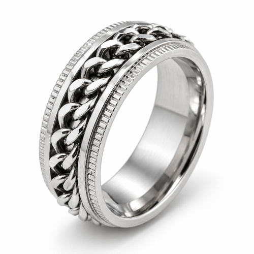 Bague anti-stress anneau tournant Chaîne argentée, anneau tournant en maille gourmette entre deux bords crantés