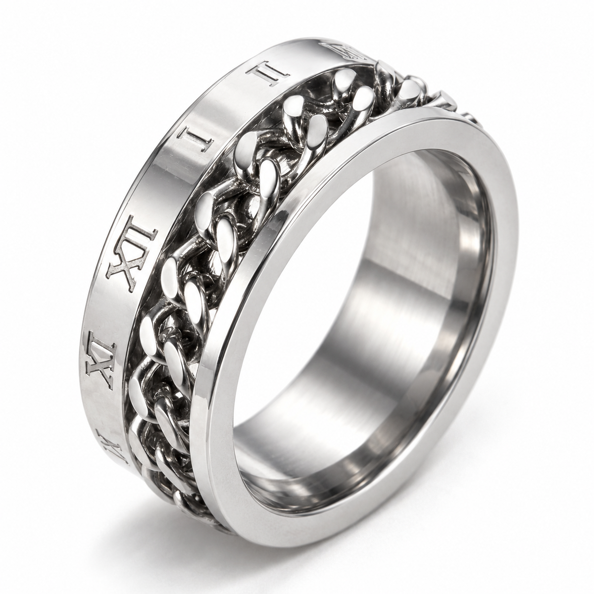 Bague anti-stress anneau tournant Chaîne Chiffrée, bague gravée de chiffres romains avec chaîne gourmette tournante