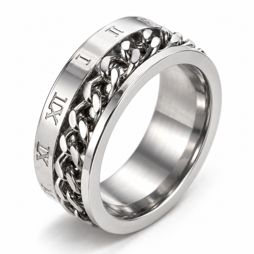 Bague anti-stress anneau tournant Chaîne Chiffrée, bague gravée de chiffres romains avec chaîne gourmette tournante