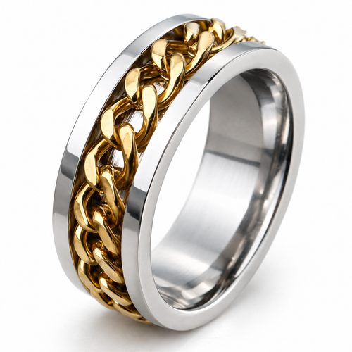 Bague anti-stress anneau tournant Chaîne Colorée, chaîne gourmette dorée tournante sur bague argentée