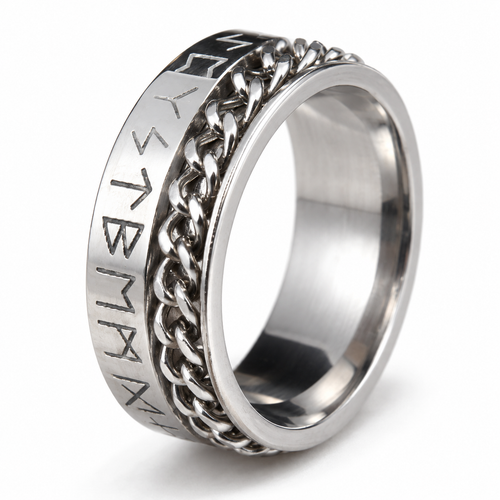 Bague anti-stress anneau tournant Chaîne Viking, bague gravée de runes vikings avec chaîne gourmette tournante