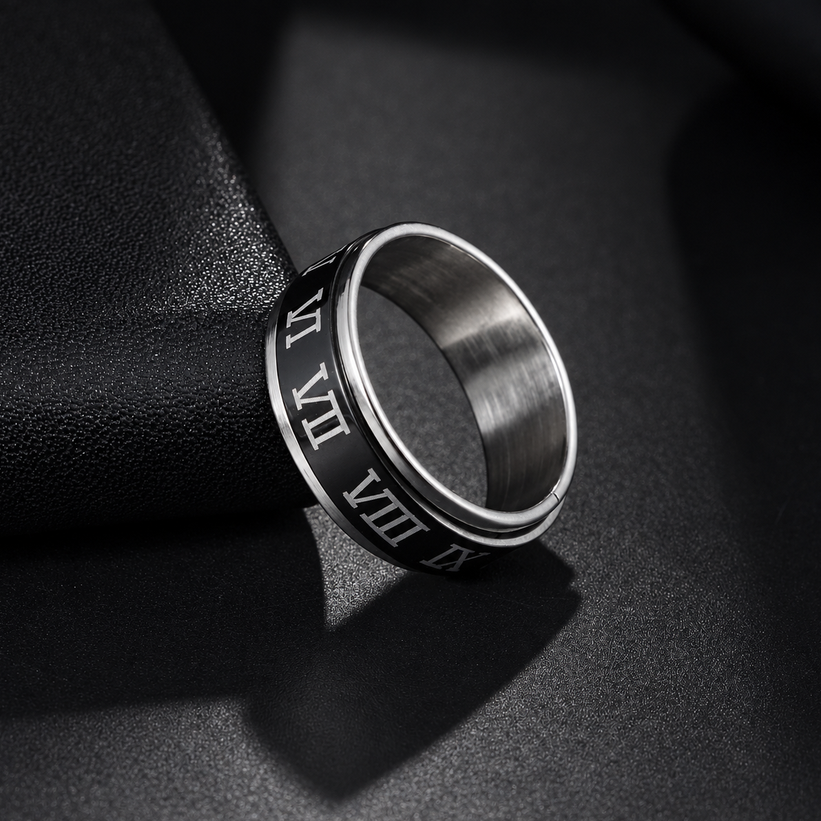 Bague anti-stress anneau tournant Chiffre Romain argentée, anneau tournant noir à chiffres romains blancs