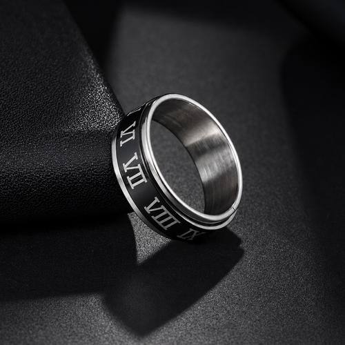 Bague anti-stress anneau tournant Chiffre Romain argentée, anneau tournant noir à chiffres romains blancs