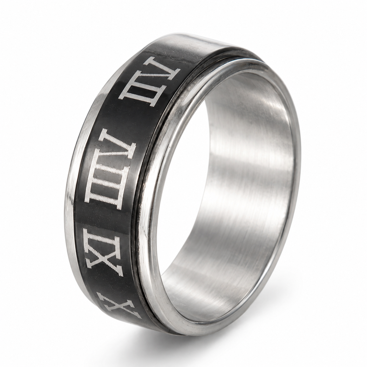 Bague anti-stress anneau tournant Chiffre Romain, anneau tournant noir à chiffres romains blancs