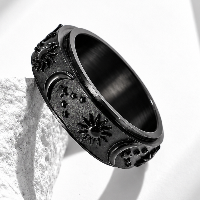 Bague anti-stress anneau tournant Circadien, anneau tournant sablé orné de soleils, lunes et étoiles en relief