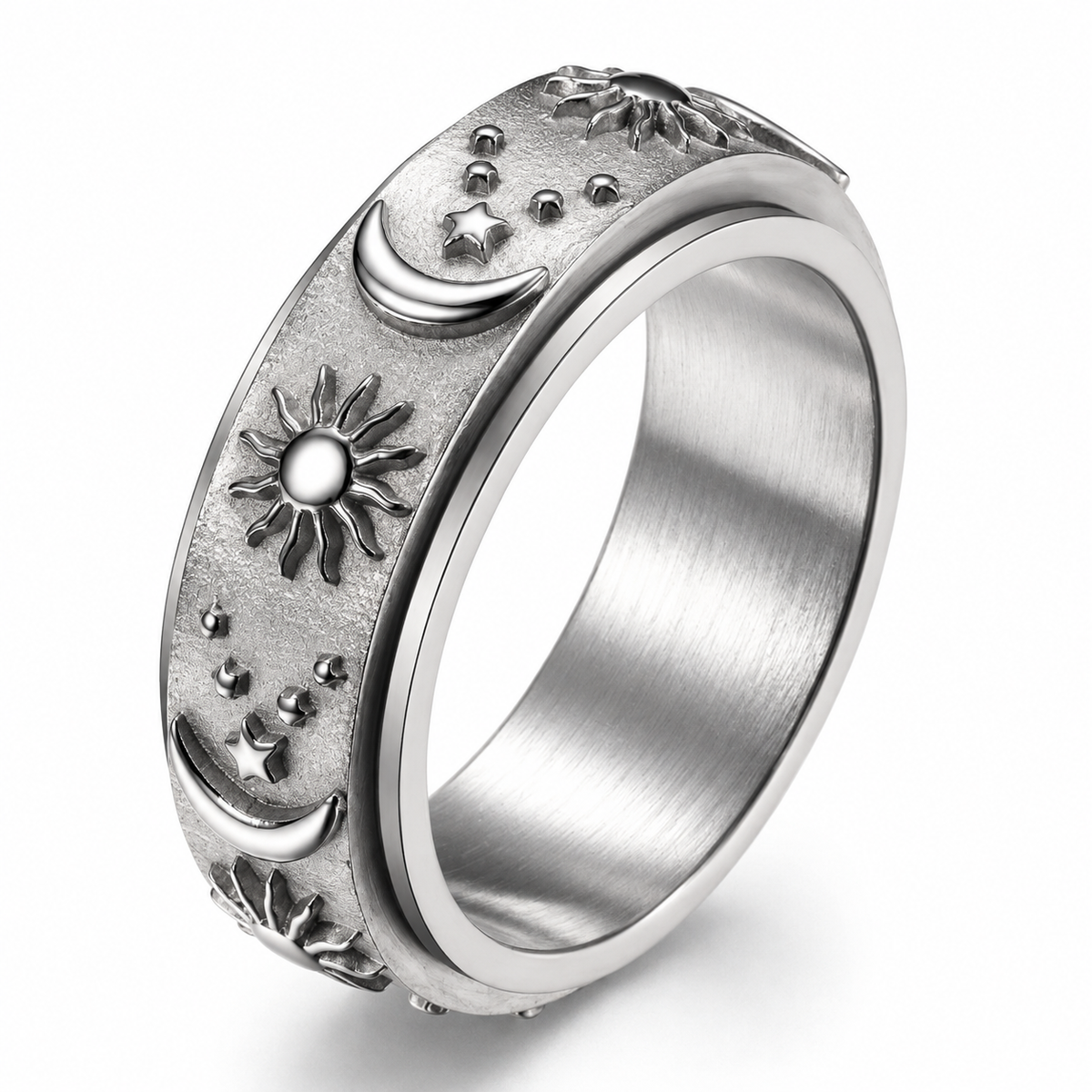 Bague anti-stress anneau tournant Circadien, anneau tournant sablé orné de soleils, lunes et étoiles en relief