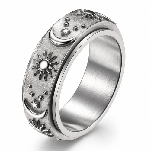 Bague anti-stress anneau tournant Circadien, anneau tournant sablé orné de soleils, lunes et étoiles en relief