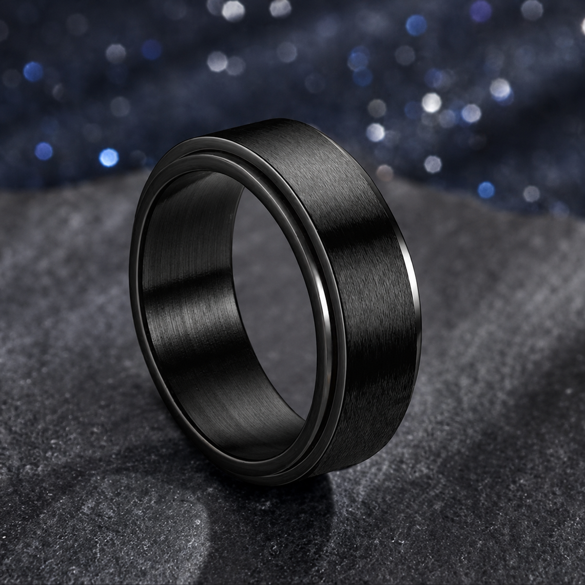 Bague anti-stress anneau tournant Classique, anneau tournant large noir sur bague en acier
