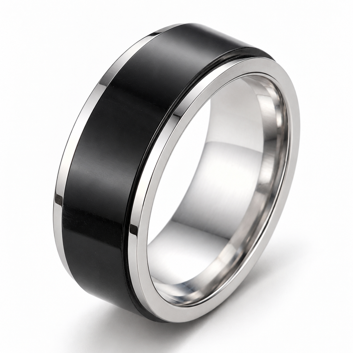 Bague anti-stress anneau tournant Classique, anneau tournant large noir sur bague en acier