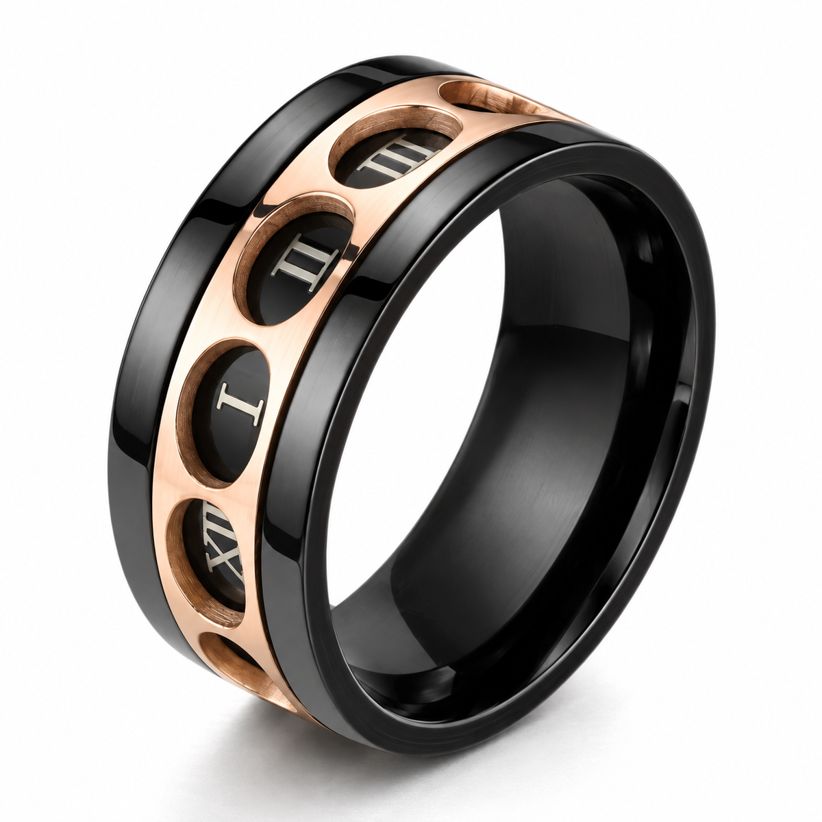 Bague anti-stress anneau tournant Compteur Romain, anneau ajouré or rose à chiffres romains