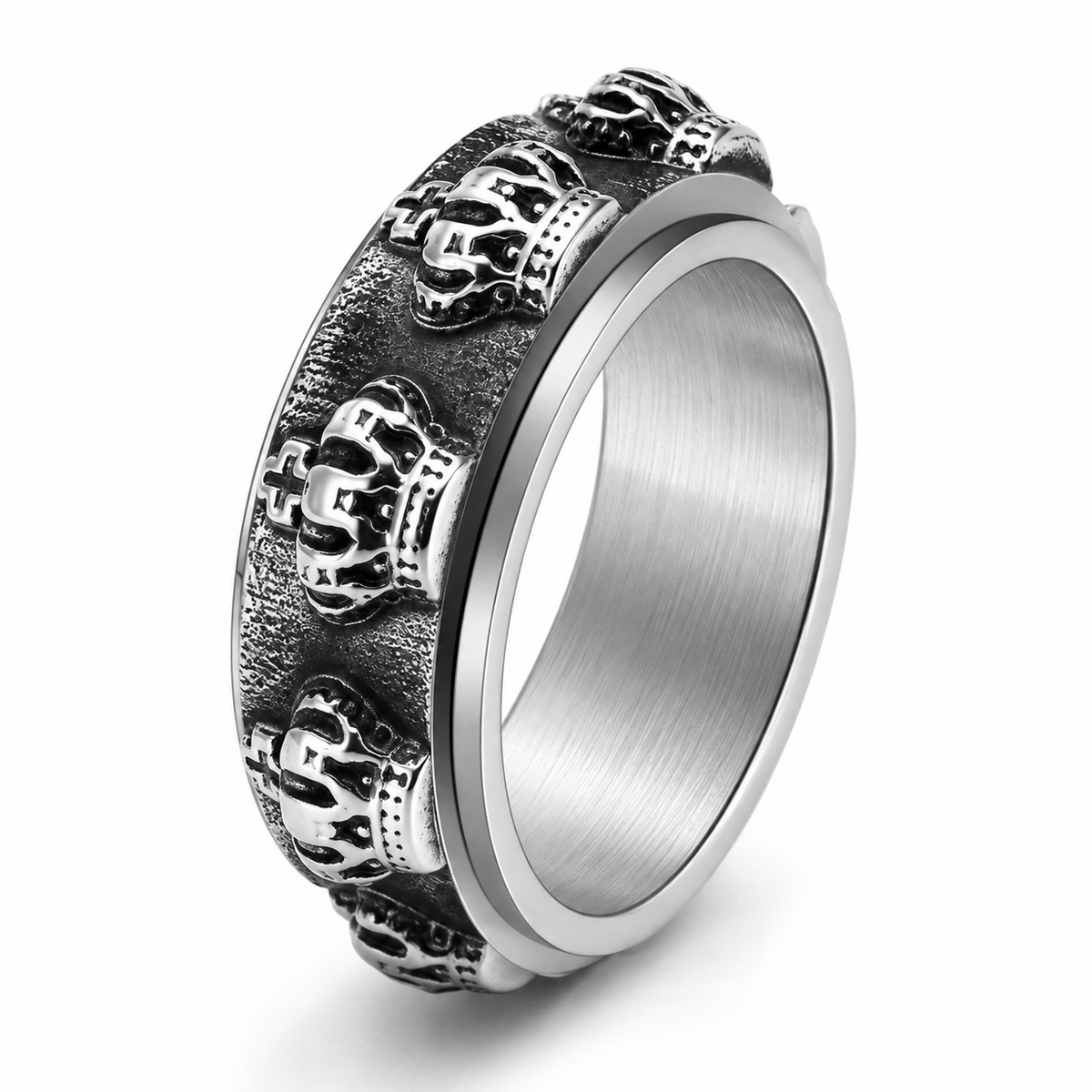 Bague anti-stress anneau tournant Couronne argentée, anneau tournant sculpté de couronnes en relief, patine sombre