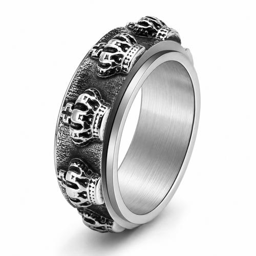 Bague anti-stress anneau tournant Couronne argentée, anneau tournant sculpté de couronnes en relief, patine sombre