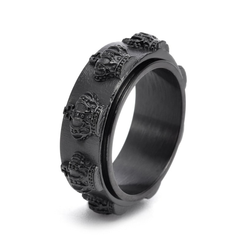 Bague anti-stress anneau tournant Couronne, anneau tournant sculpté de couronnes en relief, patine sombre