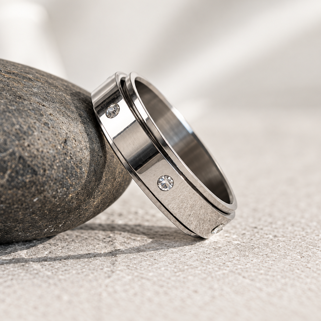 Bague anti-stress anneau tournant Cristal, anneau tournant en acier poli serti de petits cristaux