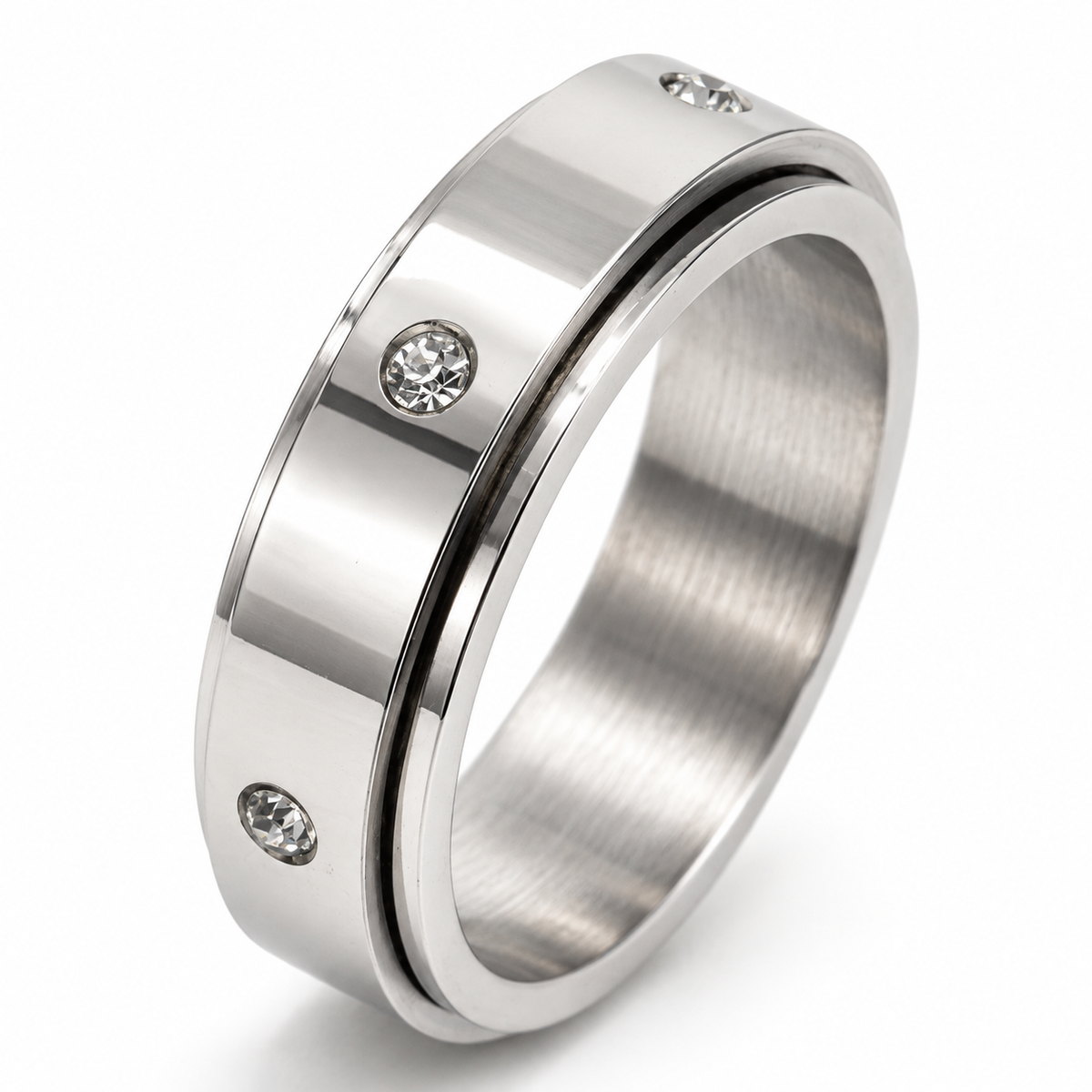 Bague anti-stress anneau tournant Cristal, anneau tournant en acier poli serti de petits cristaux