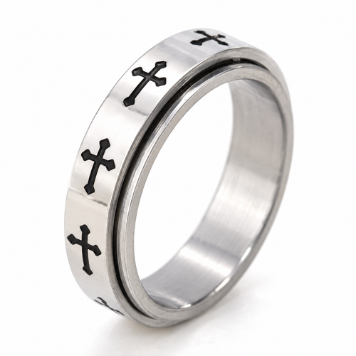 Bague anti-stress anneau tournant Croix, anneau tournant gravé de croix fleuronnées noires