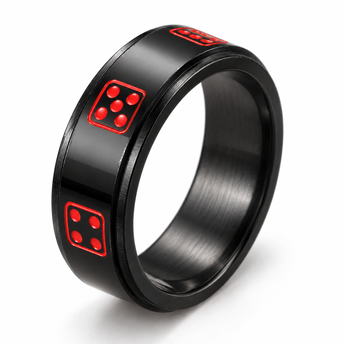 Bague anti-stress anneau tournant Dé, anneau tournant noir orné de faces de dés rouges