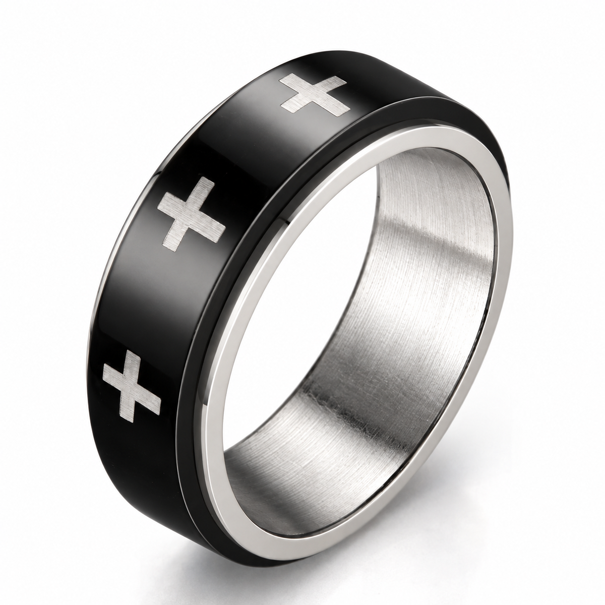 Bague anti-stress anneau tournant Death, anneau tournant noir orné de croix blanches