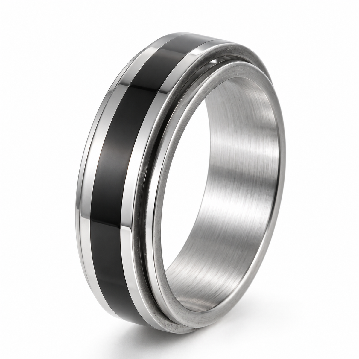 Bague anti-stress anneau tournant Design, anneau tournant à bande noire sur bague en acier