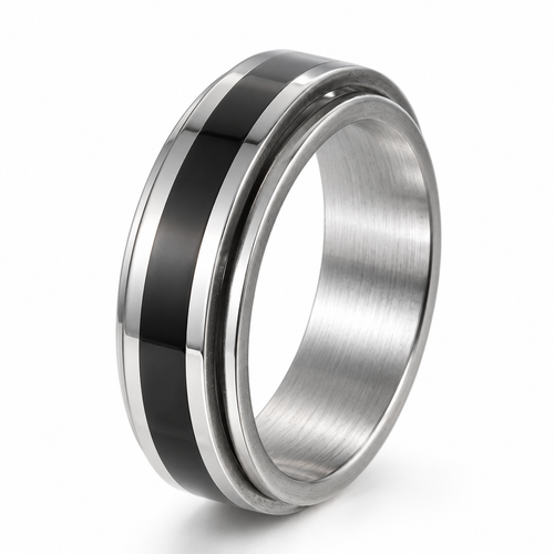 Bague anti-stress anneau tournant Design, anneau tournant à bande noire sur bague en acier