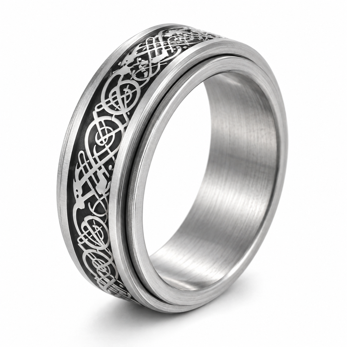 Bague anti-stress anneau tournant Dragon Gris, anneau tournant sombre orné d’entrelacs de dragon argentés