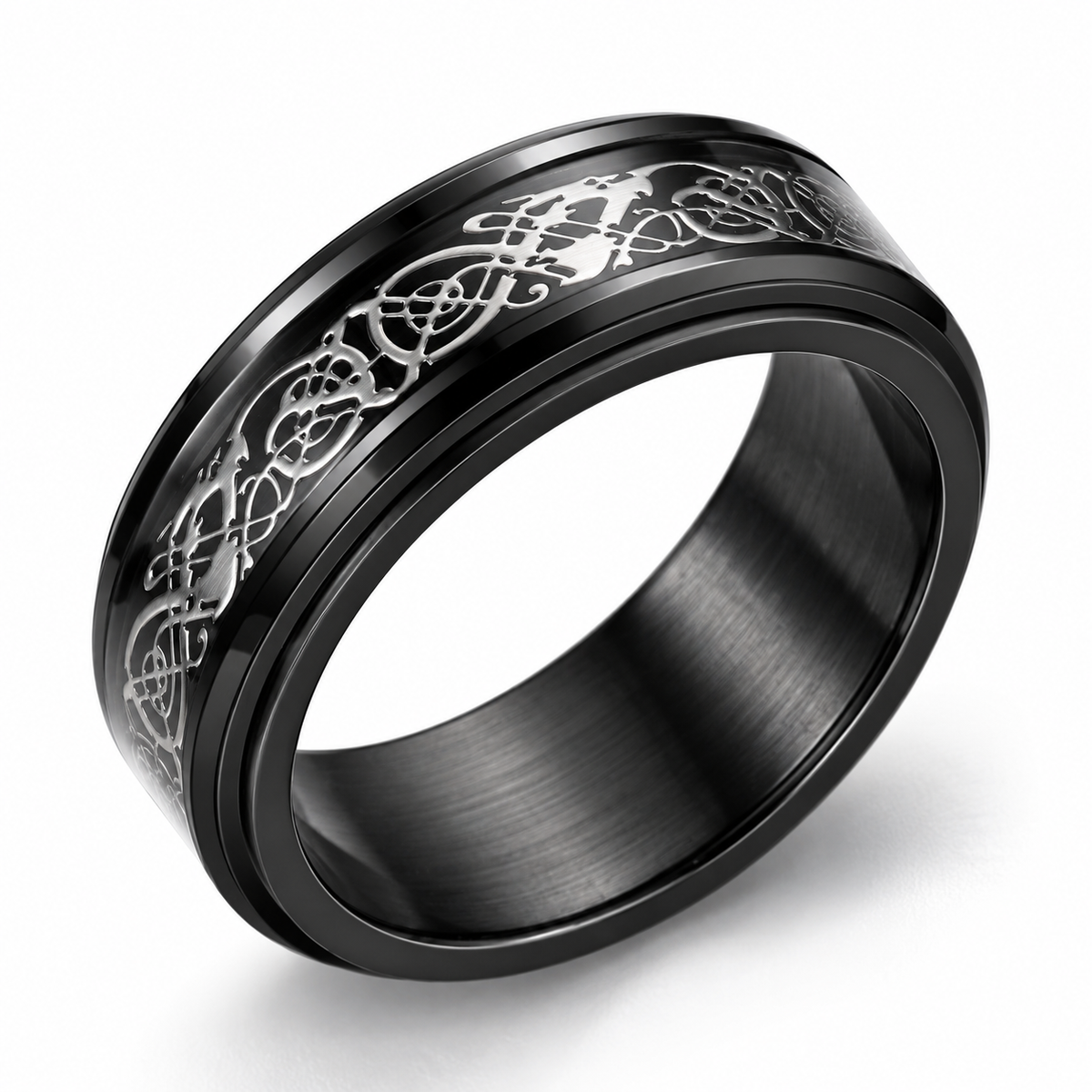 Bague anti-stress anneau tournant Dragon Nocturne, anneau tournant noir gravé d’un dragon celtique entrelacé