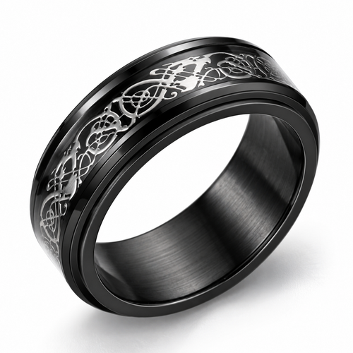 Bague anti-stress anneau tournant Dragon Nocturne, anneau tournant noir gravé d’un dragon celtique entrelacé