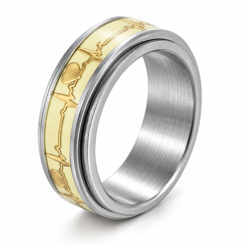 Bague anti-stress anneau tournant Fluo, anneau tournant jaune pâle orné d’une ligne de battement de cœur