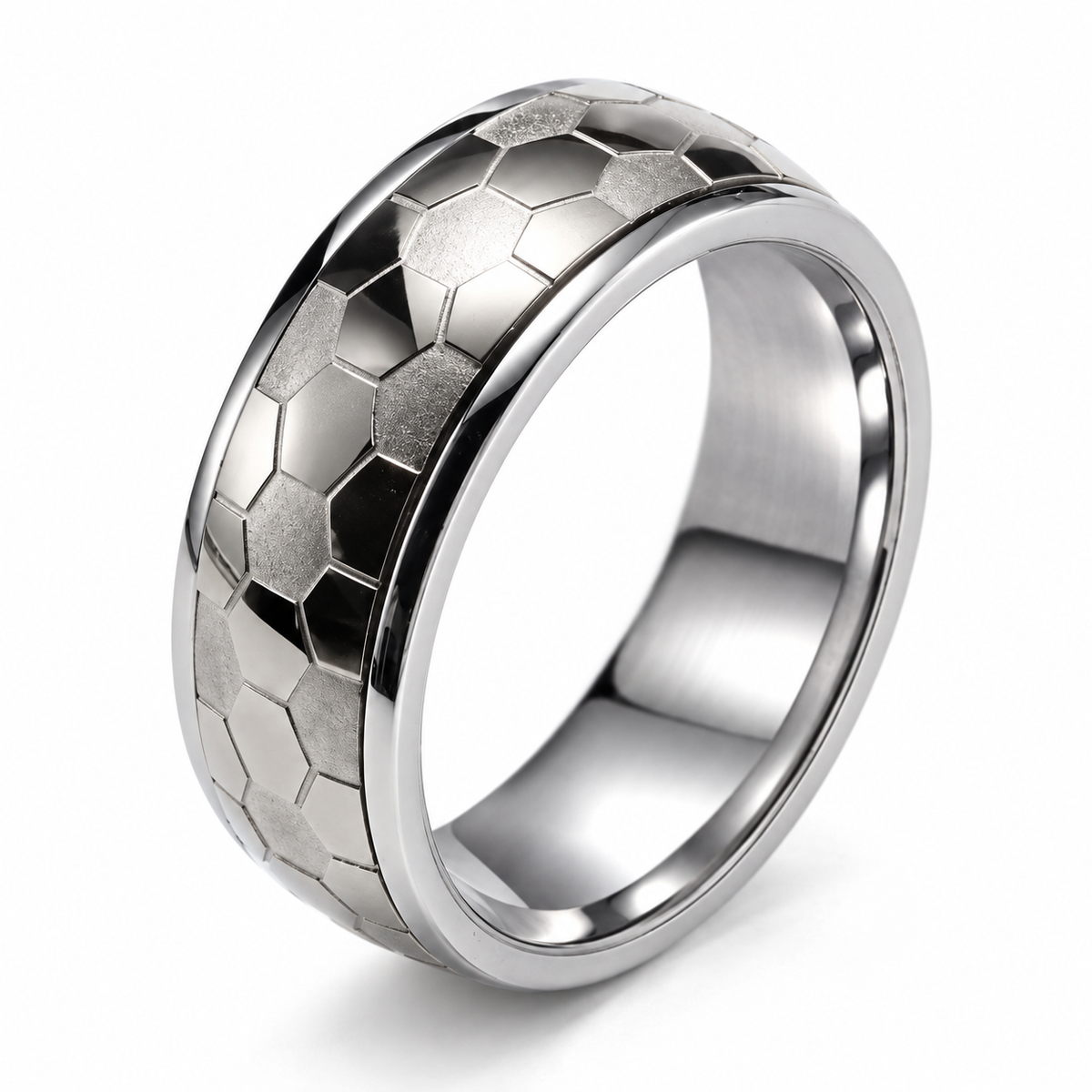 Bague anti-stress anneau tournant Futuriste argentée, anneau tournant facetté à motif nid d’abeille