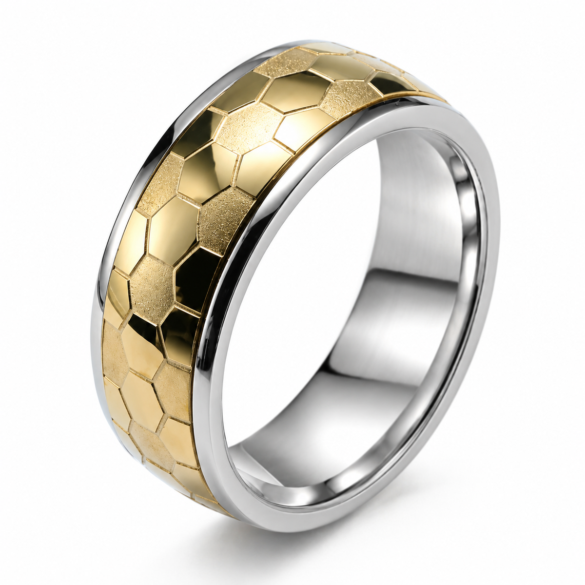 Bague anti-stress anneau tournant Futuriste dorée, anneau tournant facetté à motif nid d’abeille