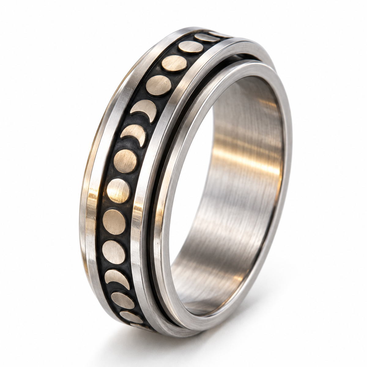 Bague anti-stress anneau tournant Lunaison, anneau tournant noir orné des phases de la lune dorées