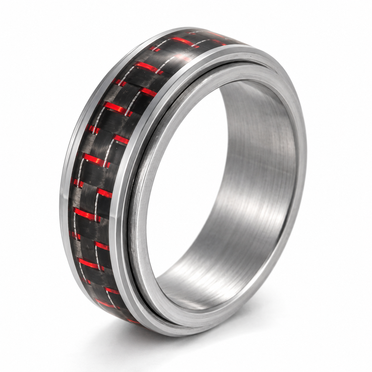 Bague anti-stress anneau tournant Moderne, anneau tournant à motif fibre de carbone noir et rouge
