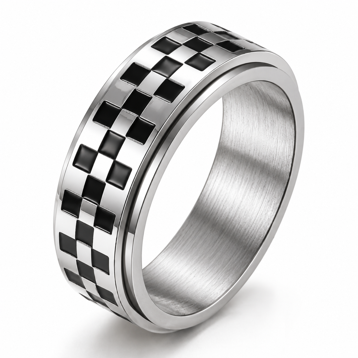 Bague anti-stress anneau tournant Mosaïque, anneau tournant à damier noir et argent