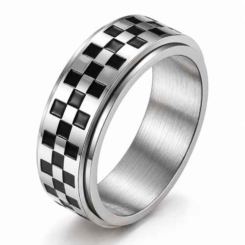 Bague anti-stress anneau tournant Mosaïque, anneau tournant à damier noir et argent