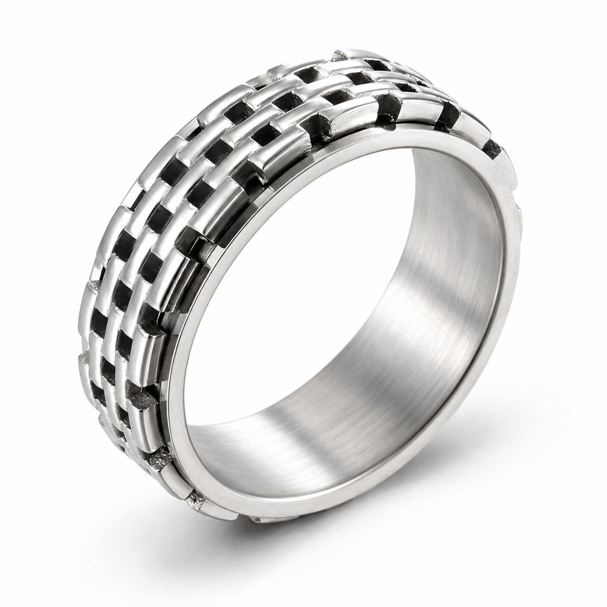 Bague anti-stress anneau tournant Muraille, anneau tournant à motif de briques acier et noir