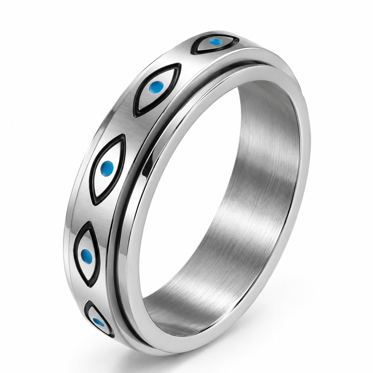 Bague anti-stress anneau tournant Œil Égyptien, anneau tournant gravé d’yeux en amande à iris bleu