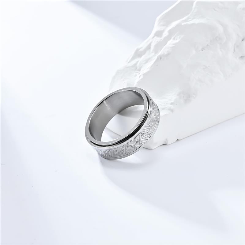 Bague anti-stress anneau tournant Œil Omniscient argentée, anneau tournant ciselé d’yeux dans des triangles rayonnants